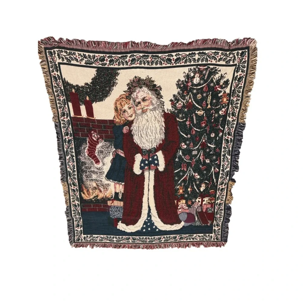 Vintage 1994 Santa Claus Woven Tapestry Throw Blanket Christmas Holly 59x48